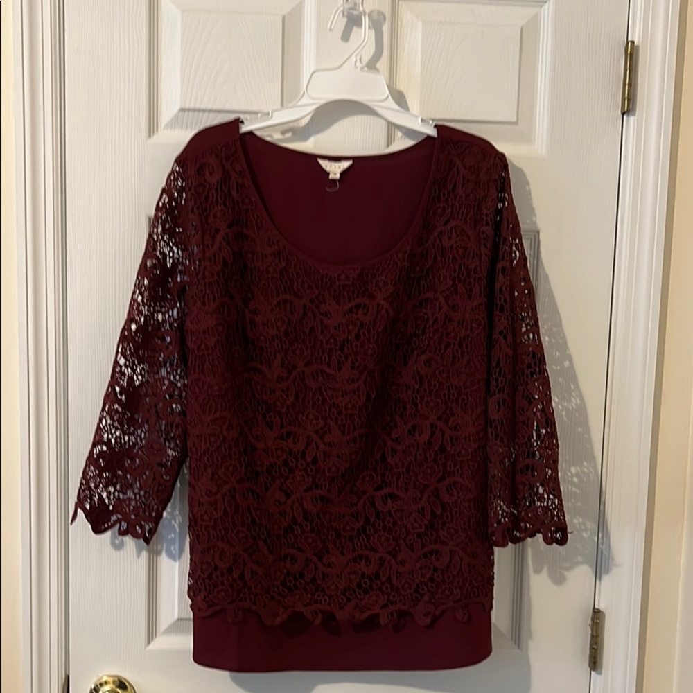 Adiva Burgundy Lace Blouse with Three-Quarter Sleeves